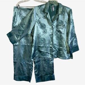 NATORI CRUZ XL Blue-Green Teal Satin 2-Piece Pajama Lounge Wear Set Top & Pants